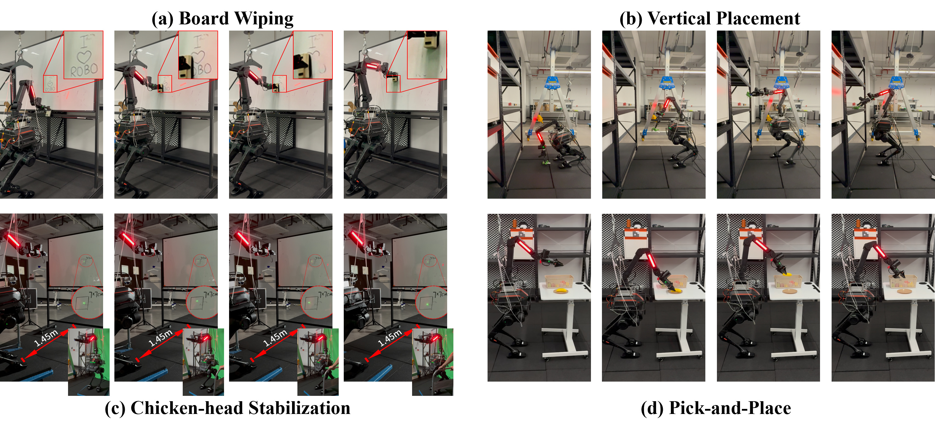BipedalWBC performing board wiping, vertical placement, stabilization, and pick-and-place tasks